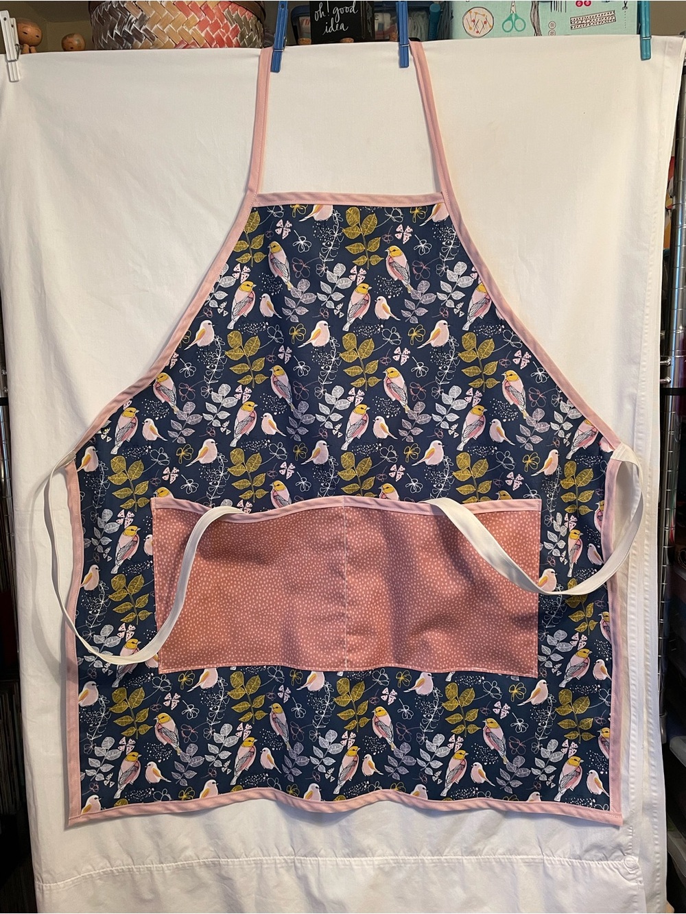 Bird Pattern Kitchen Apron in Navy and Pink
